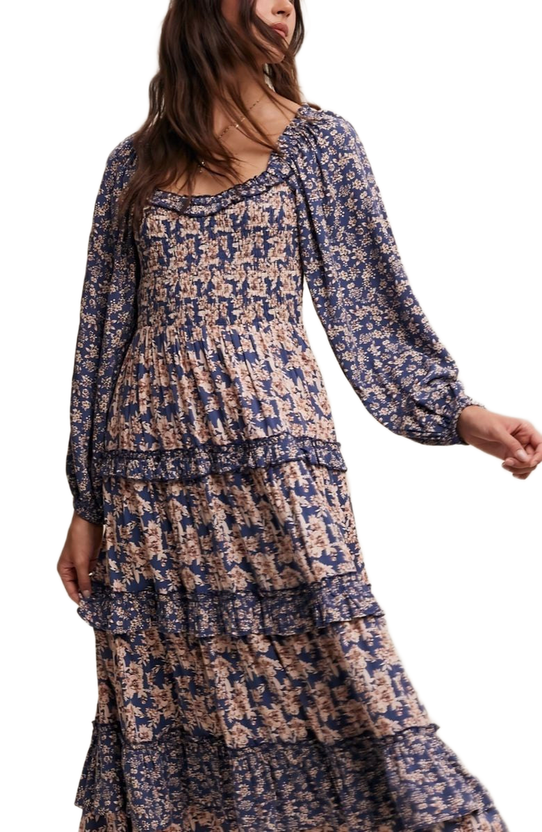 Knit and Lounge Floral Ruffle Tiered Maxi Dress, Alternate, color, Navy Blue / Light Pink Floral