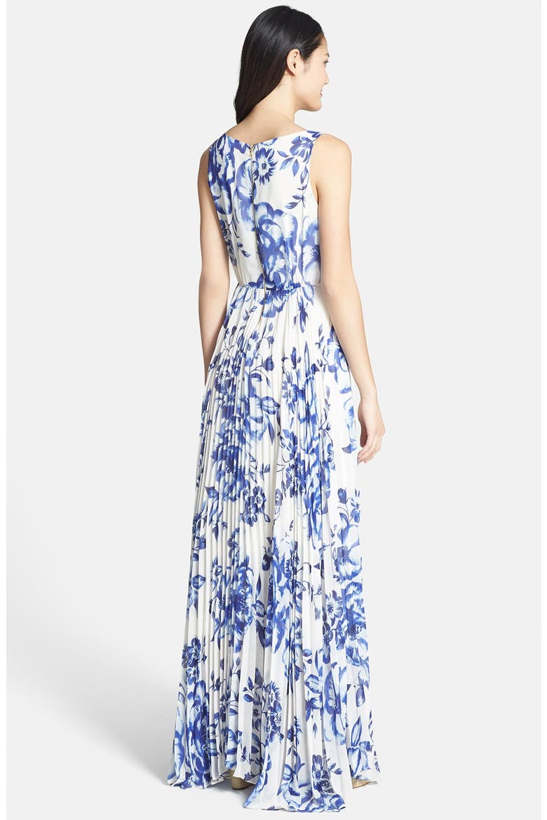 Pleated Floral Chiffon Maxi Dress, Alternate, color, COBALT