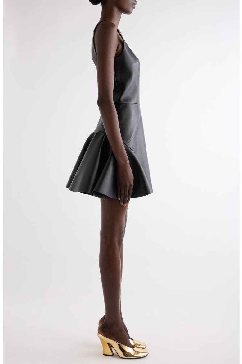 Fluted Leather Fit & Flare Minidress, Alternate, color, BLACK
