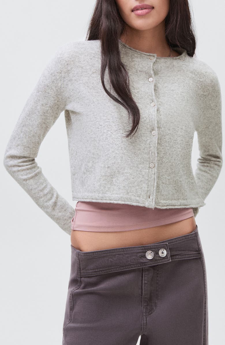 MANGO TEEN Crewneck Crop Cardigan, Main, color, Medium Heather Grey