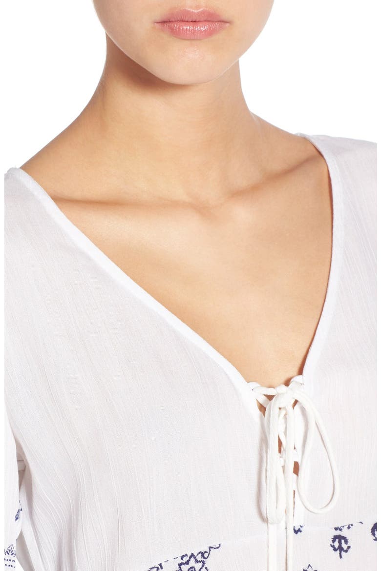 Print Lace-Up Peasant Top, Alternate, color, WHITE BANDANA PRINT