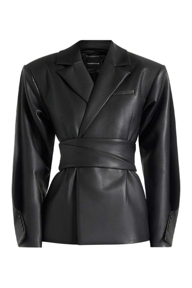 Marie Twist Sleeve Leather Blazer with Belt, Alternate, color, Black