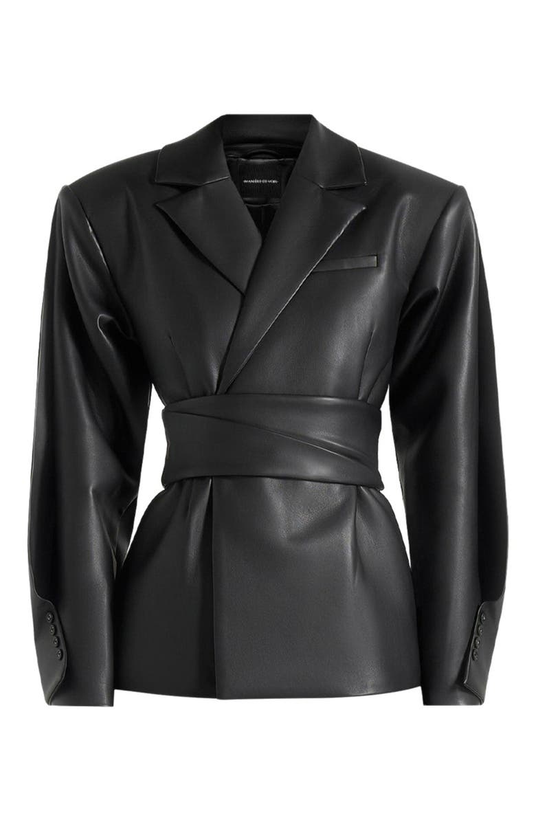 Manière De Voir Marie Twist Sleeve Leather Blazer with Belt, Alternate, color, Black