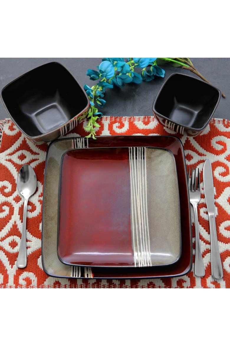 Downtown Loft 16 Piece Double Bowl Stoneware Dinnerware Set with Service for 4, Alternate, color, Red