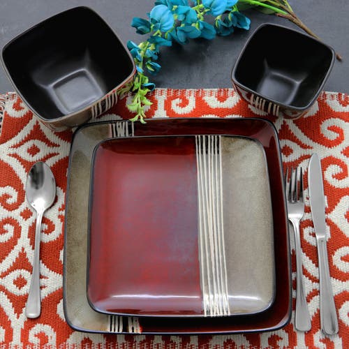 Elama Downtown Loft 16 Piece Double Bowl Stoneware Dinnerware Set With Service For 4 In Red