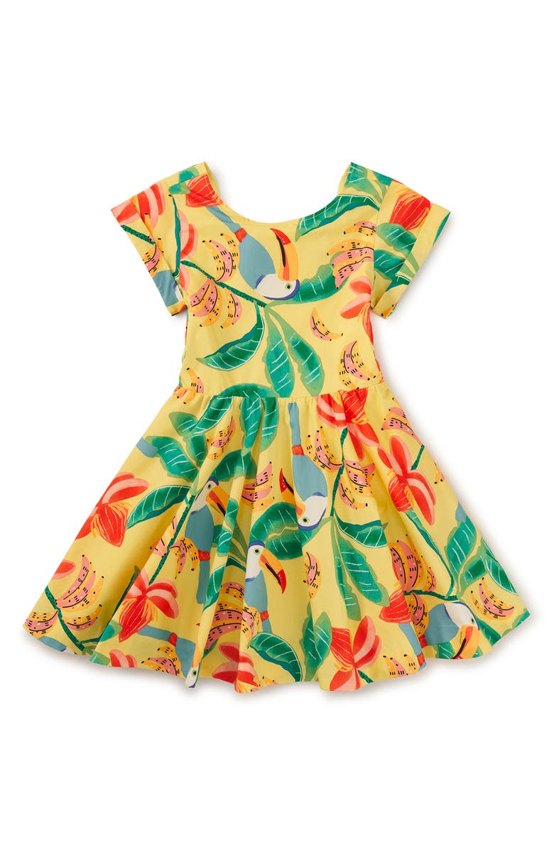 Tea Collection Button Back Skirted Dress, Main, color, Toucan Banana Tree
