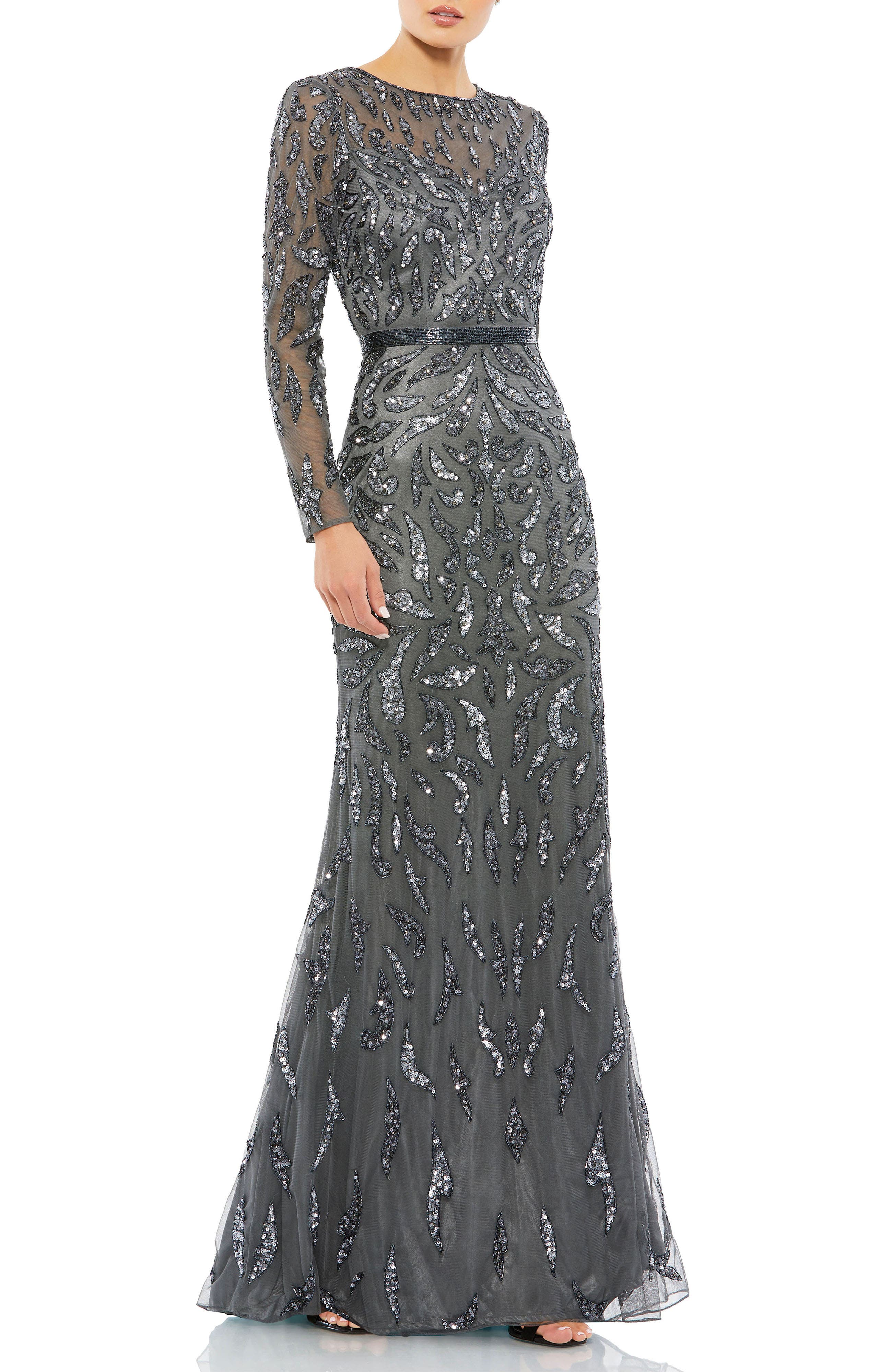 Abstract Beaded Long Sleeve Evening Gown