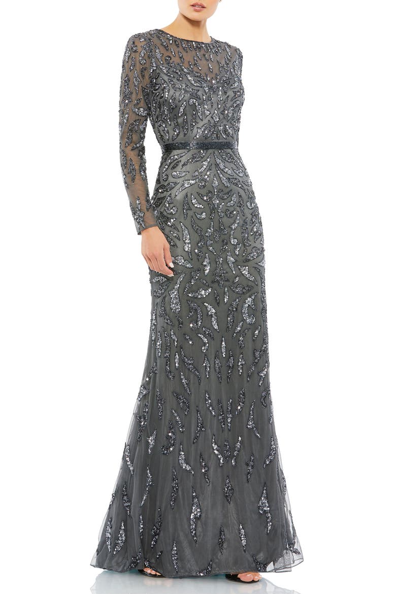 Abstract Beaded Long Sleeve Evening Gown, Main, color, Charcoal