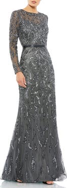 Mac Duggal Abstract Beaded Long Sleeve Evening Gown