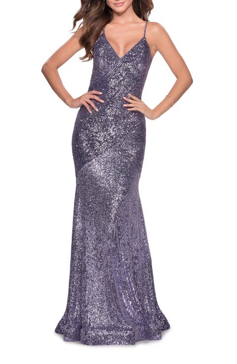 Sequin Prom Gown With Drop Waist and V-Neckline