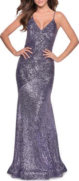 La Femme Sequin Prom Gown With Drop Waist and V-Neckline