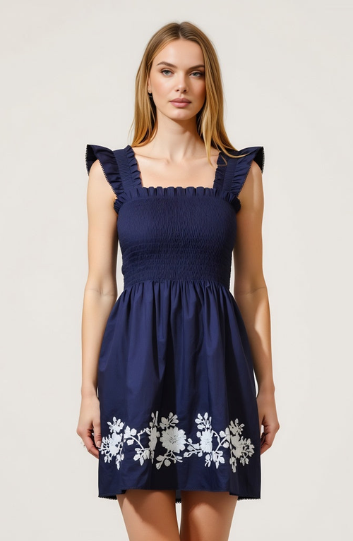 Modenaire Smocked Ruffle Strap Mini Dress With Floral Embroidery Hem