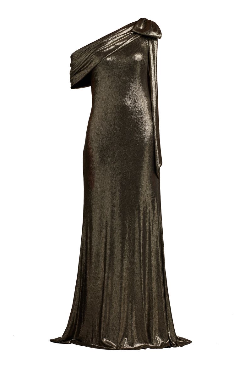 Metallic One-Shoulder Liquid Jersey Gown, Alternate, color, GUNMETAL