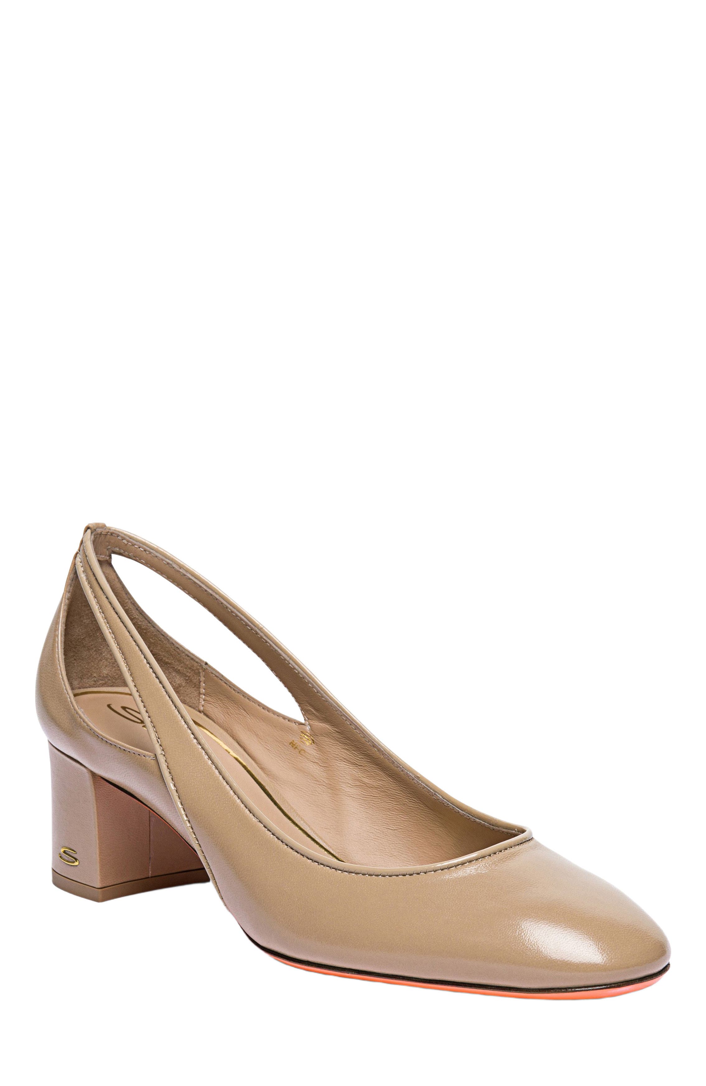 Santoni Women's leather mid-heel pump with almond toe and cut-out detail, Alternate, color, Brown