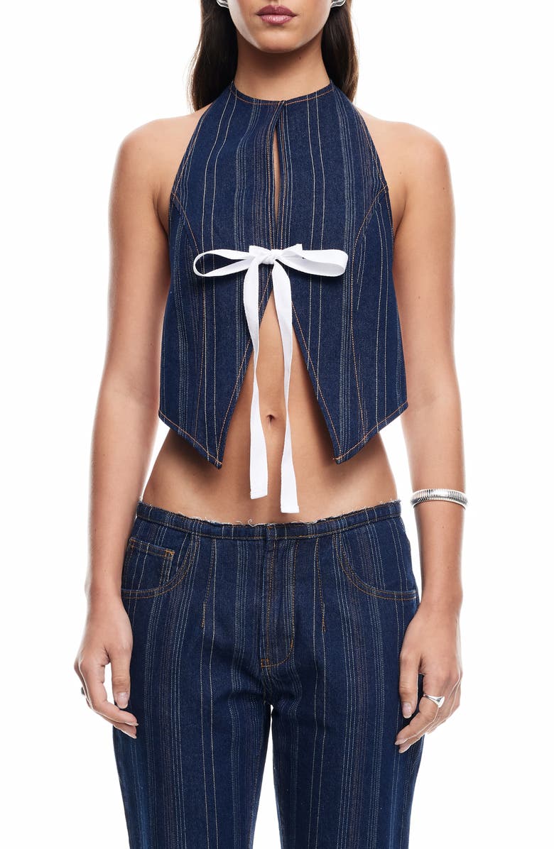 LIONESS Butterfly Tie Denim Halter Top, Main, color, Dark Denim Stripe