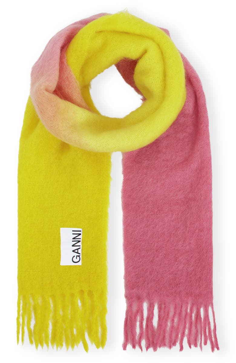 Ganni Mohair Blend Gradient Fringed Scarf, Main, color, 