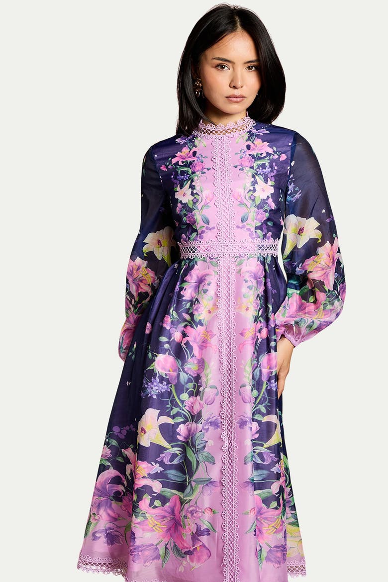 Petite Organza Lace Trim Midi Dress, Alternate, color, Navy