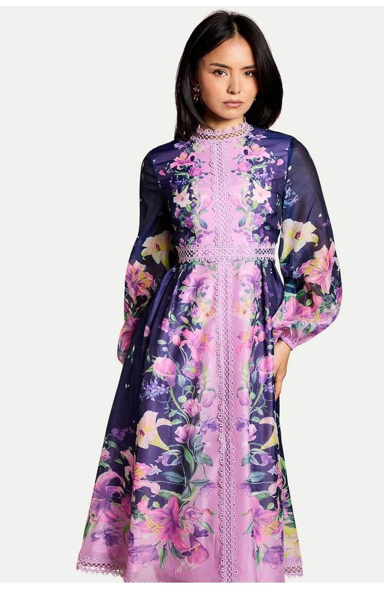 Coast Petite Organza Lace Trim Midi Dress, Alternate, color, Navy