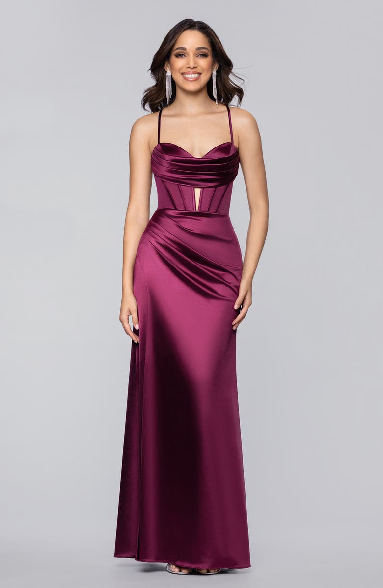 Blondie Nites Drape Corset Gown, Alternate, color, Burgundy