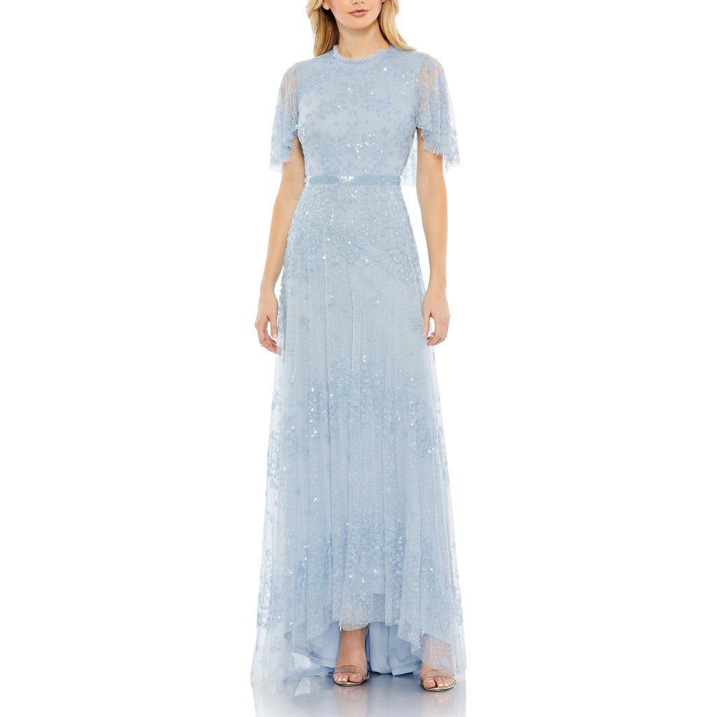 Mac Duggal Sequined High Neck Flutter Sleeve A Line Gown In Powder Blue