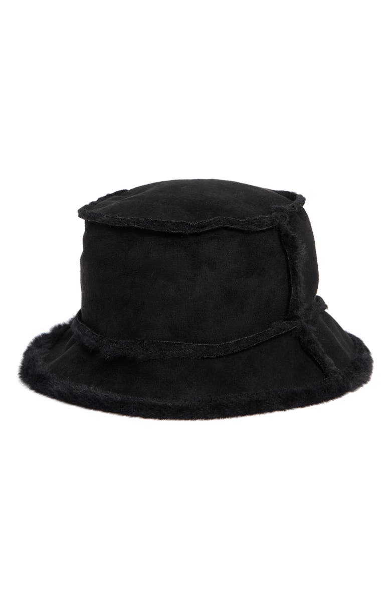 Steve Madden Mai Faux Fur Trim Bucket Hat, Alternate, color, Black