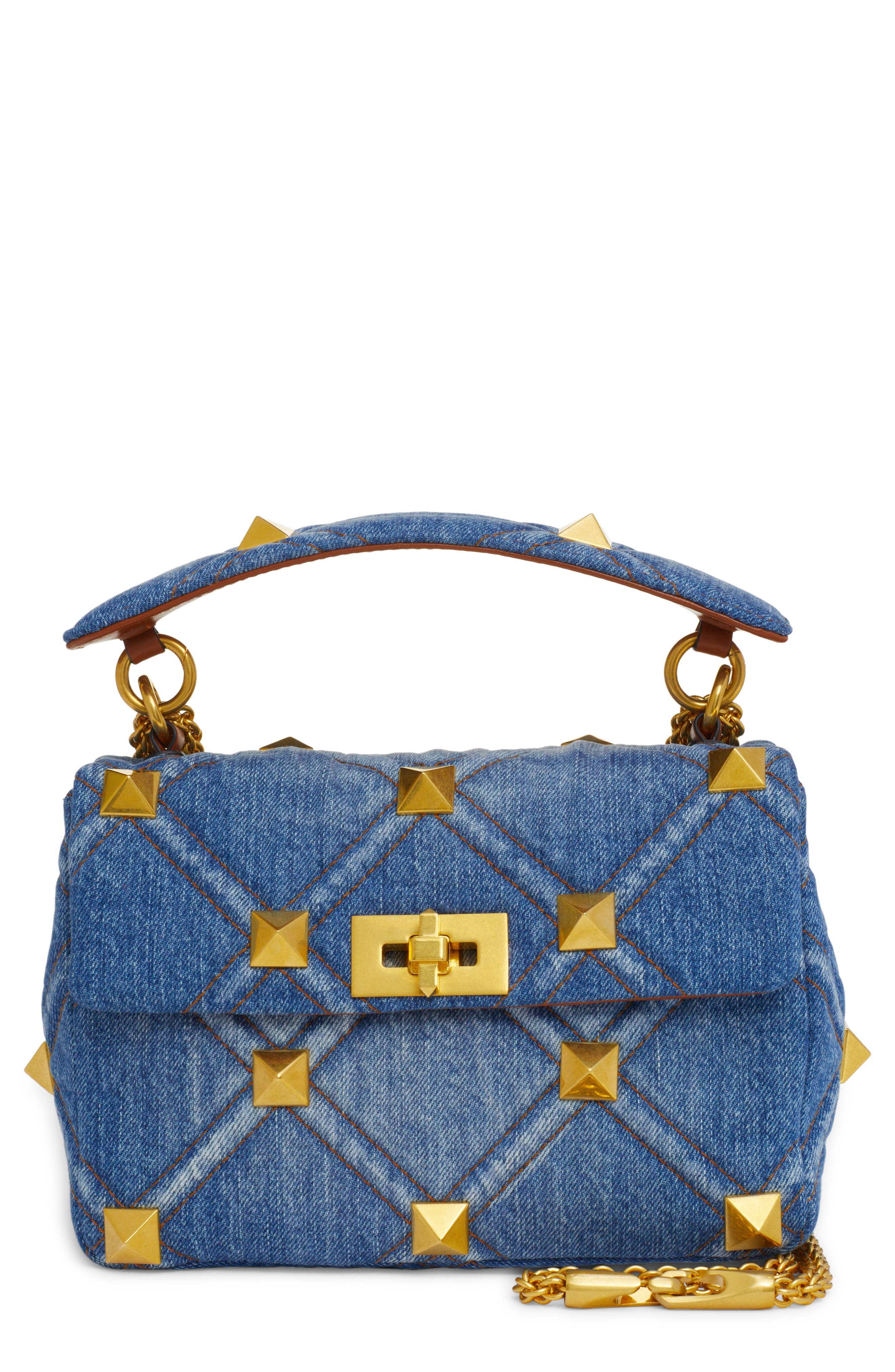Valentino Garavani Valentino Medium Roman Stud Denim Shoulder Bag, Main, color, 