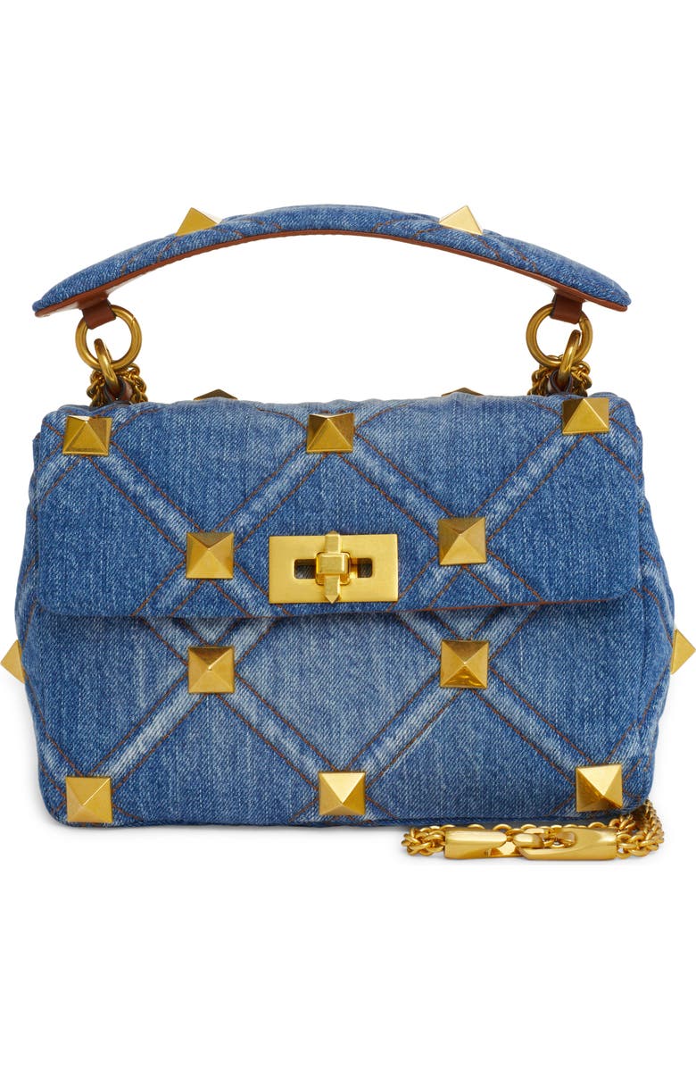 Valentino Garavani Valentino Medium Roman Stud Denim Shoulder Bag, Main, color,