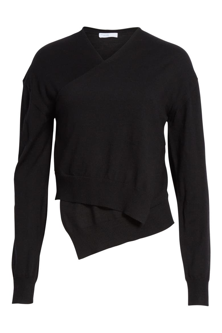 Wrap Front Merino Wool Sweater, Alternate, color, BLACK