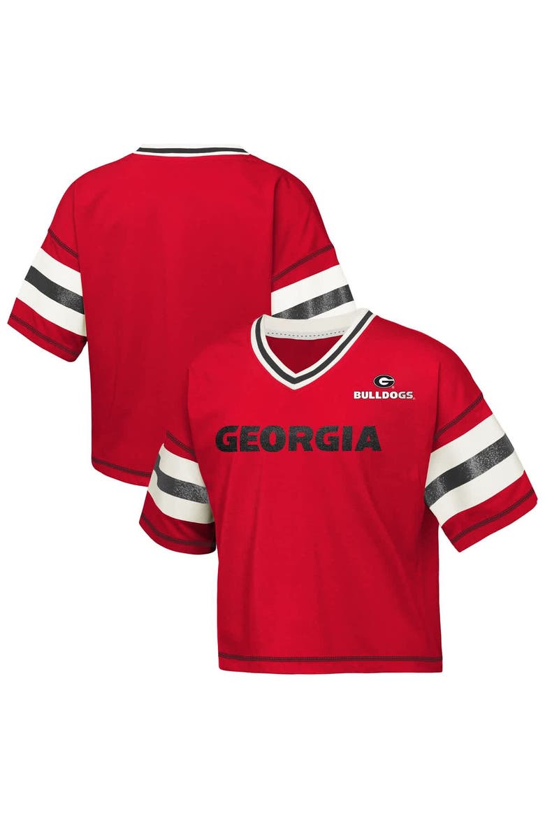 Girls Youth Outerstuff Red Georgia Bulldogs Gridiron Jersey V-Neck T-Shirt, Main, color, Red