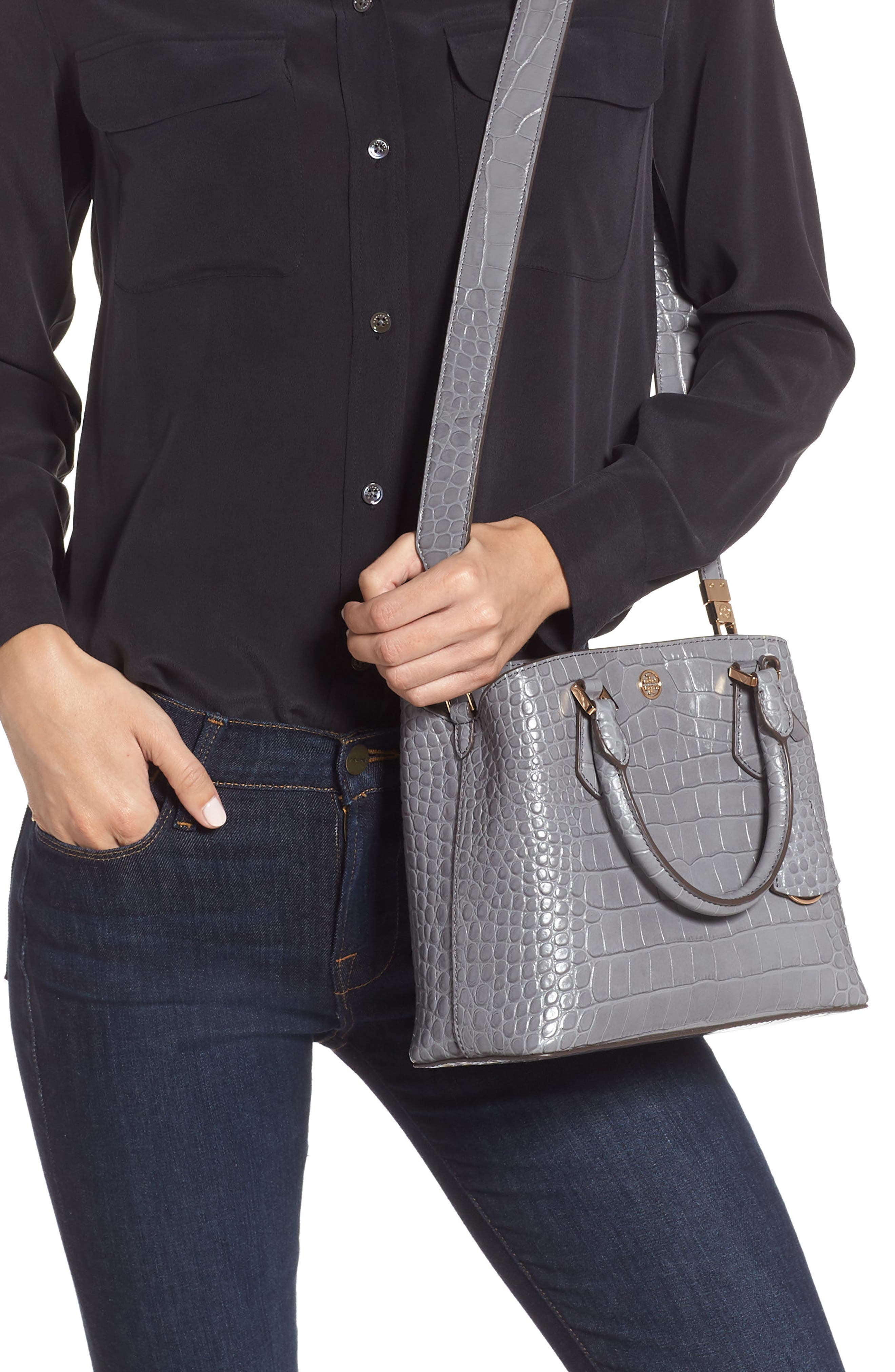 Small Robinson Croc Embossed Leather Bucket Bag, Alternate, color, ZINC