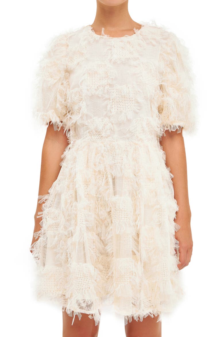 Feathered Mesh Puff Sleeve Minidress, Alternate, color, CREAM