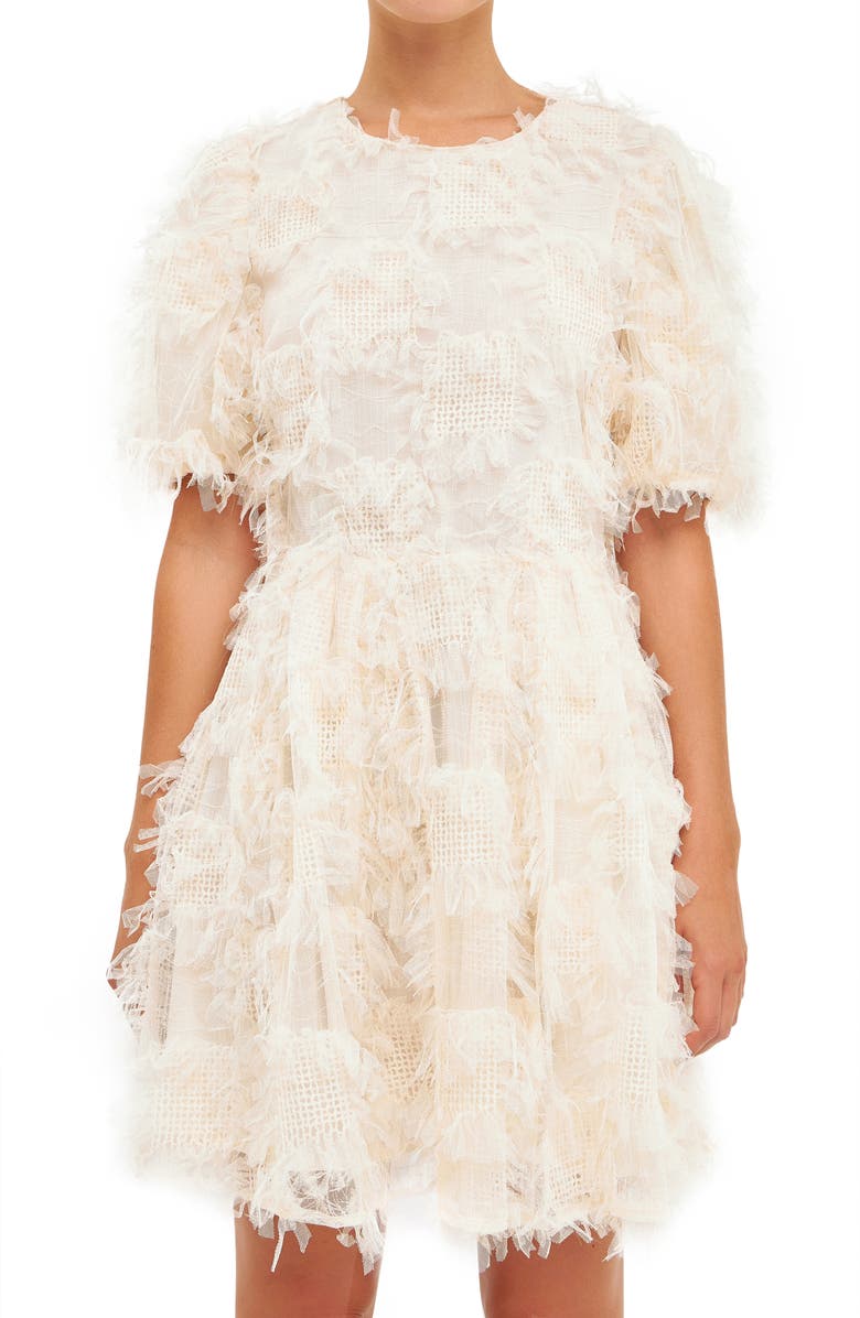 Endless Rose Feathered Mesh Puff Sleeve Minidress, Alternate, color, Cream