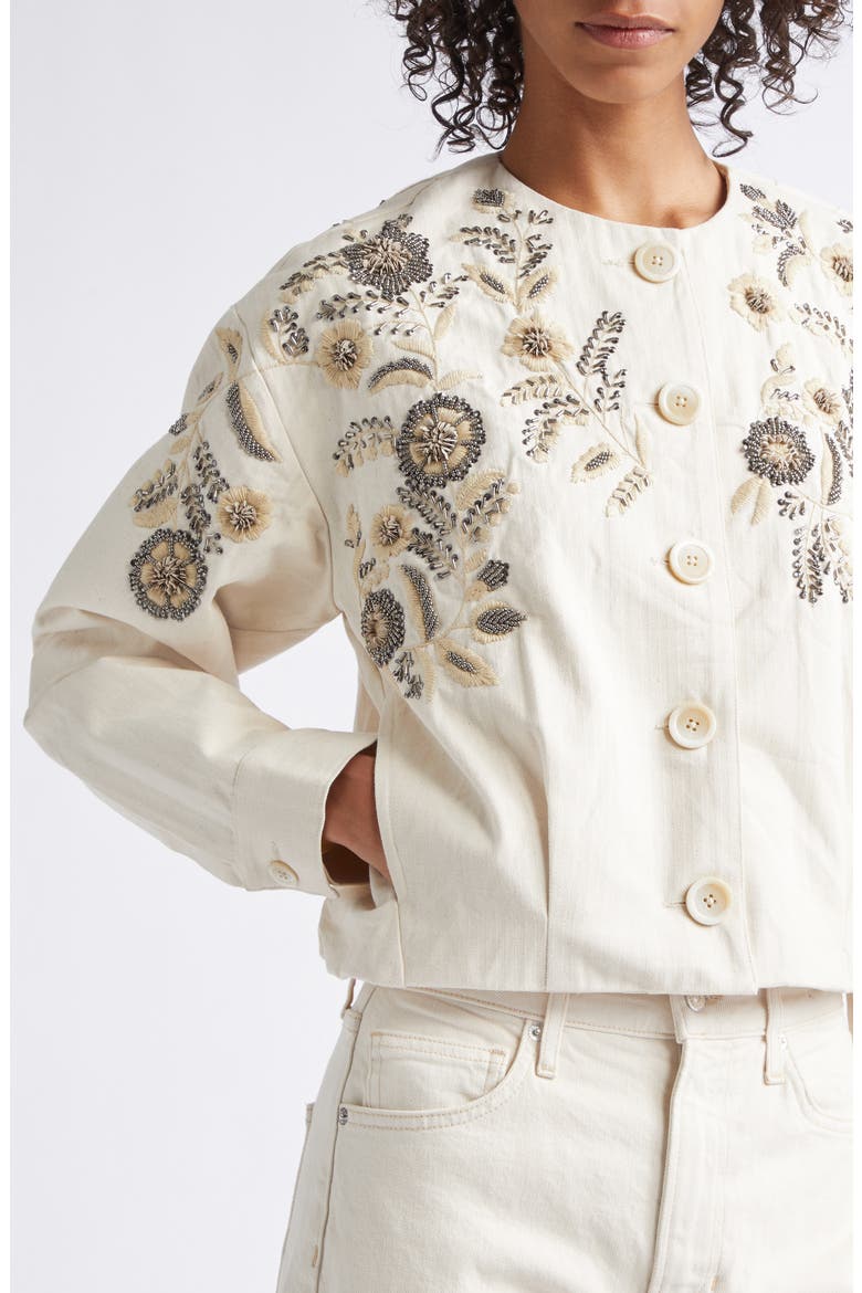 Emeren Embroidered Collarless Cotton Jacket, Alternate, color, ECRU
