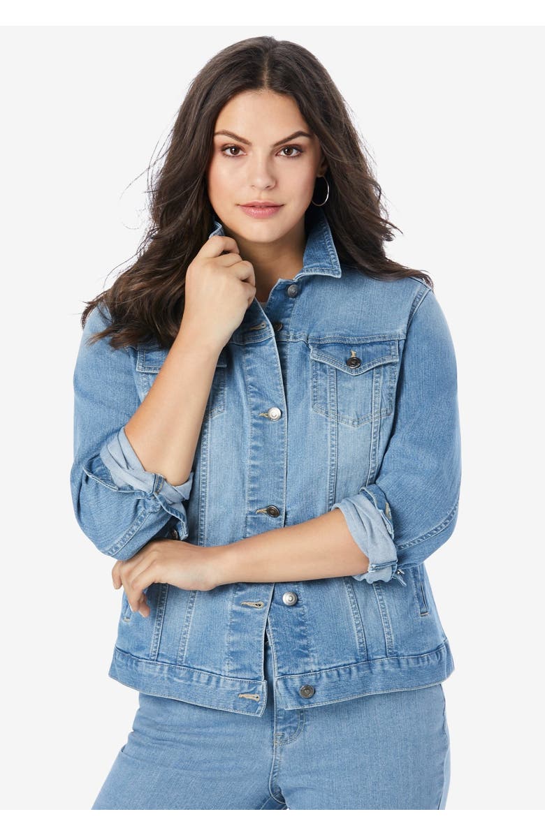 Roaman's Plus Size Classic Stretch Denim Jacket, Alternate, color, White
