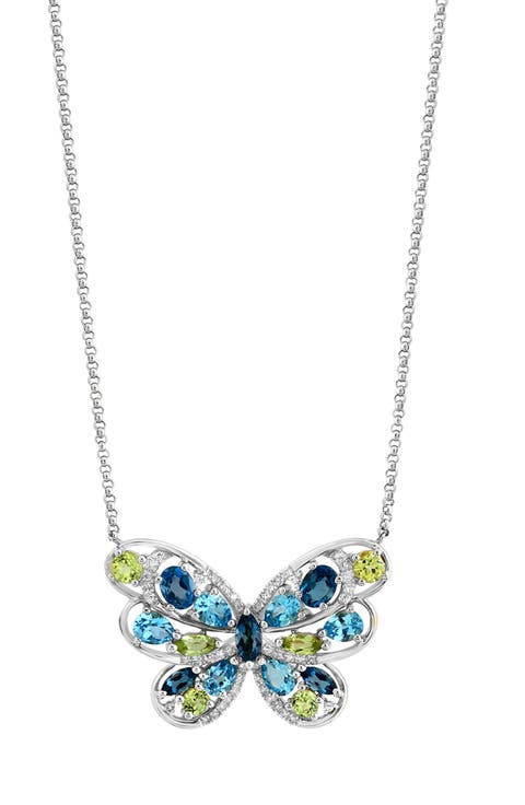 Blue Topaz, Peridot & Diamond Butterfly Pendant Necklace - 0.15ct.