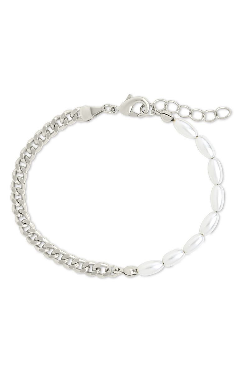 Sterling Forever Nell Curb Chain & Faux Pearl Beaded Bracelet, Main, color, Silver