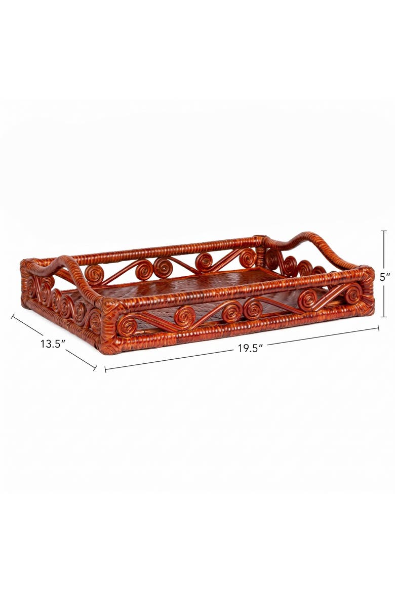 Baron Handcrafted Rattan/Wood Webbing Rectangular Woven Scroll Decorative Serving Tray with Handles, Alternate, color, Auburn