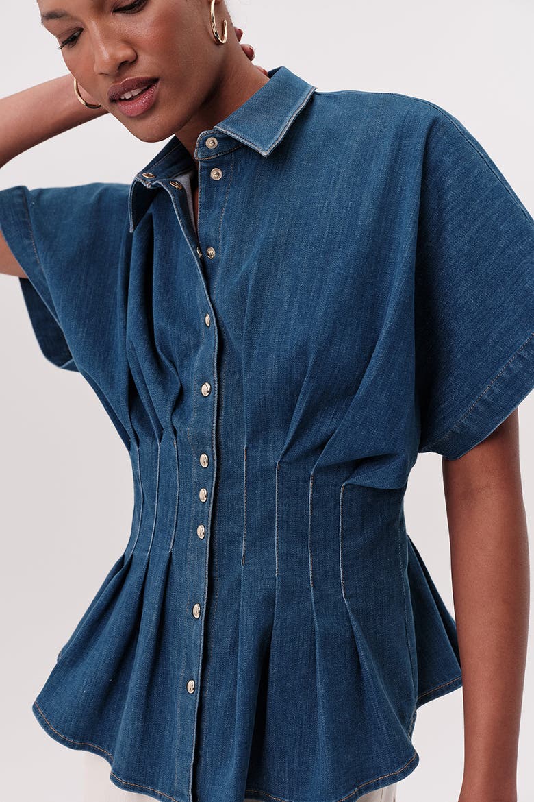 Marisa Collared Short Sleeve Denim Shirt, Alternate, color, Blue
