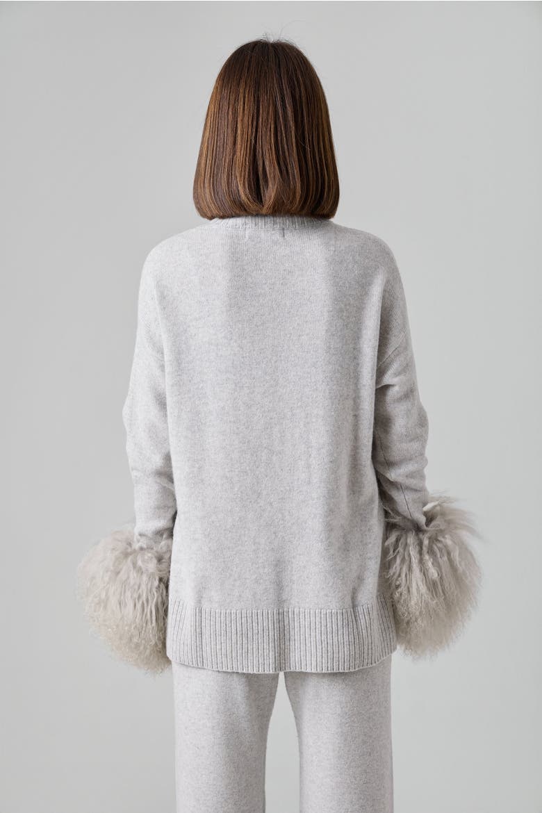 Mongolian Shearling Cuffs Cashmere Sweater, Alternate, color, Gray