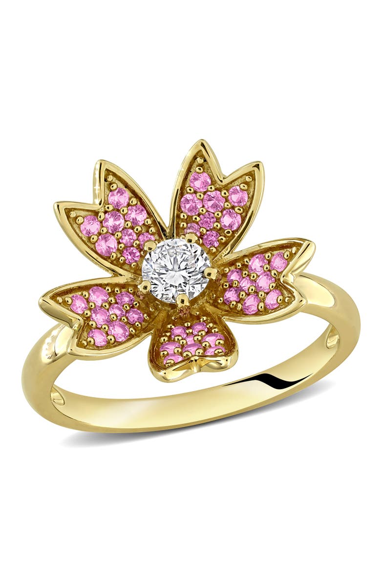 Lab-Created Diamond & Pink Sapphire Flower Ring, Main, color, Yellow Gold