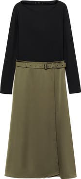 MANGO Long Sleeve Belted Mixed Media Midi Dress