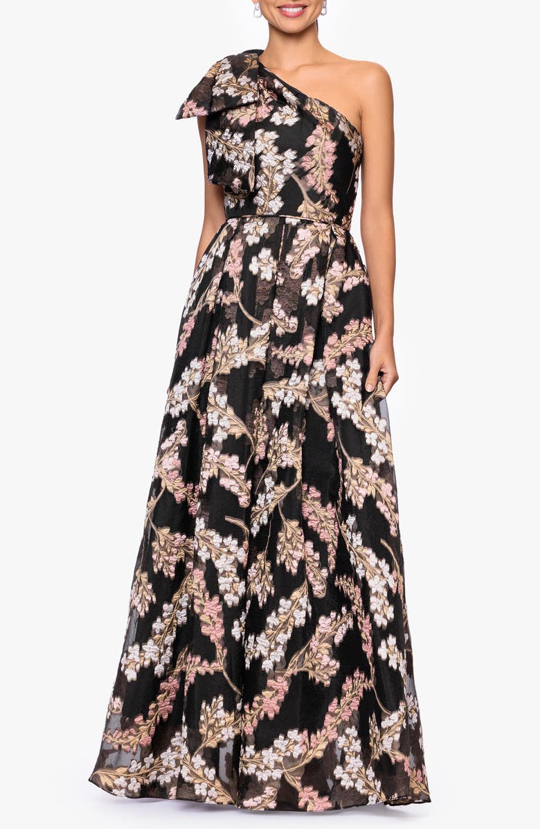 Betsy & Adam Floral Organza Brocade Ballgown, Alternate, color, Black/ Rose/ Gold