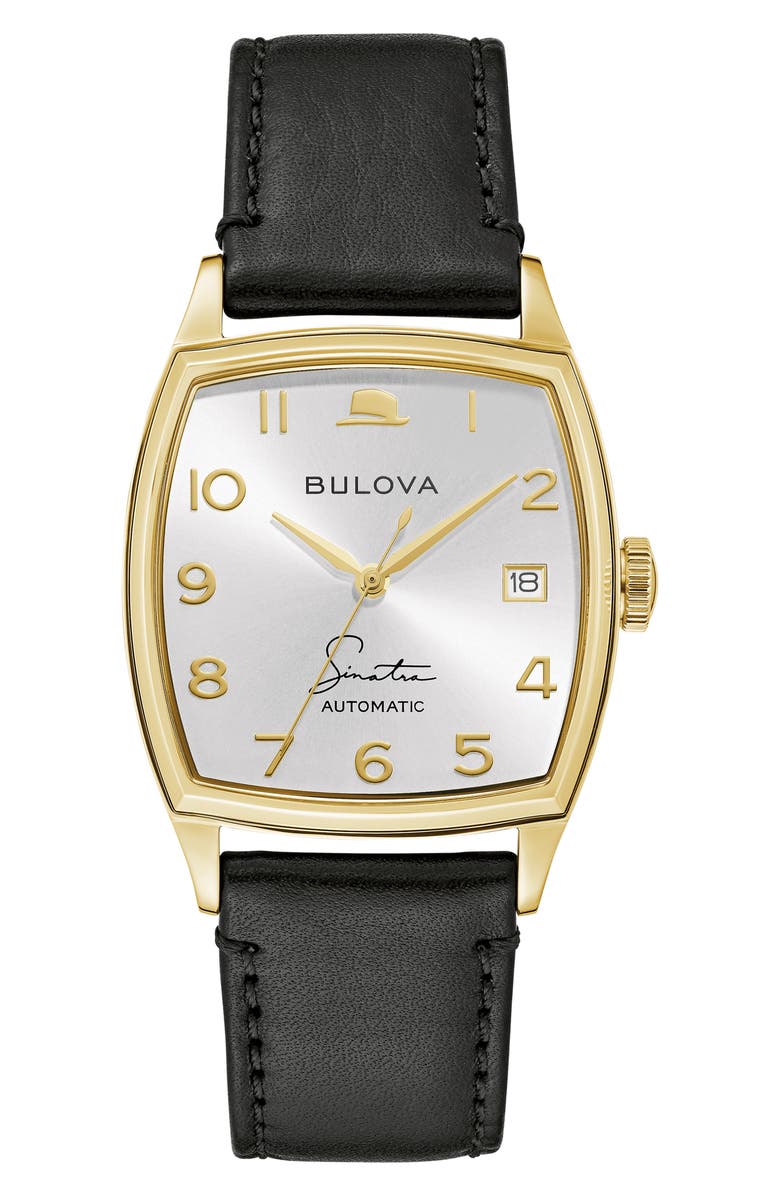 BULOVA Frank Sinatra Young at Heart Leather Strap Watch, 33.5mm, Main, color, Gold-Tone