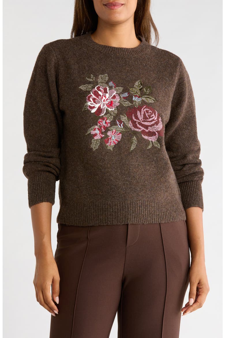 Floral Embroidered Crewneck Sweater, Main, color, BROWN