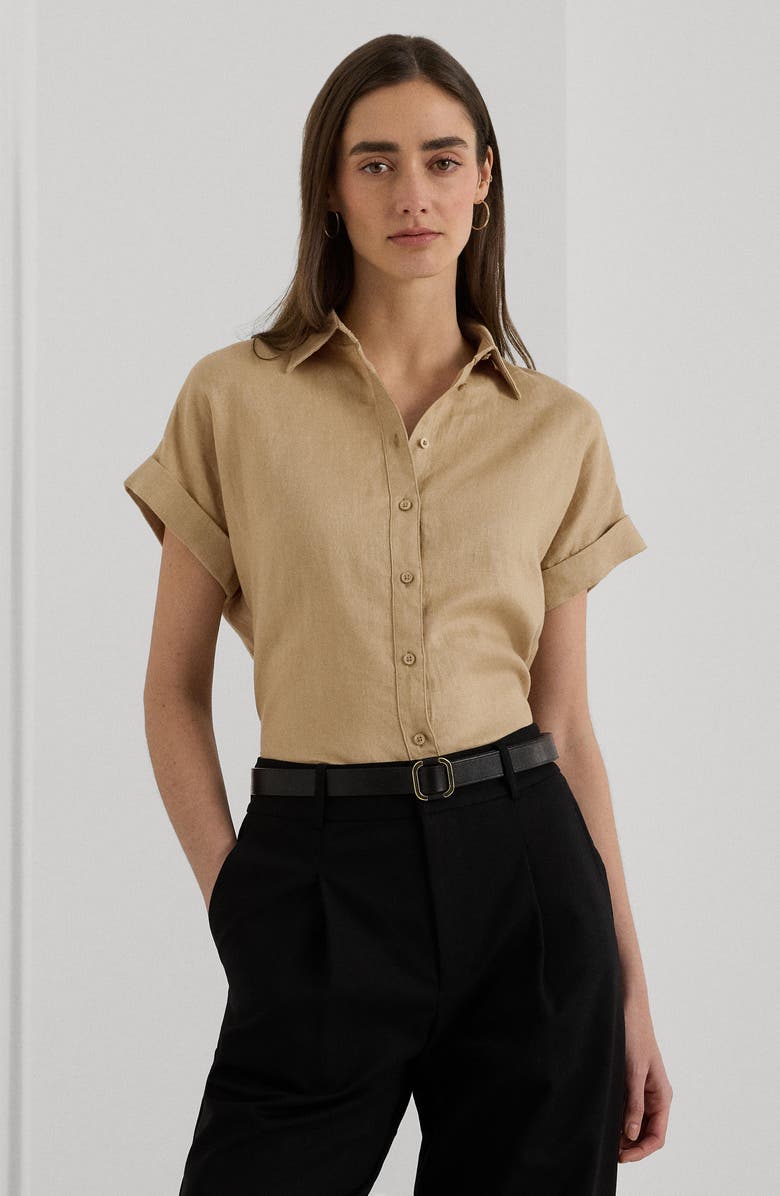 Lauren Ralph Lauren Short Sleeve Linen Button-Up Shirt, Alternate, color, Birch Tan