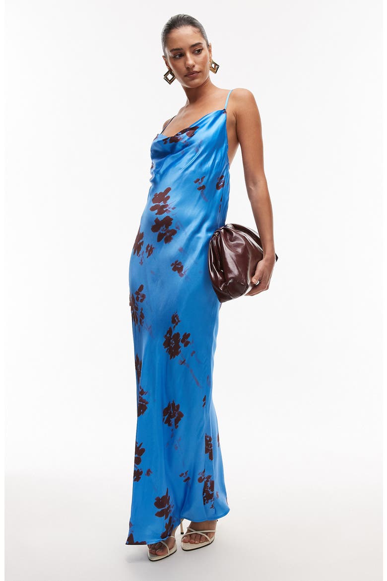 Floral Cowl Neck Maxi Slipdress, Main, color, MEDIUM BLUE