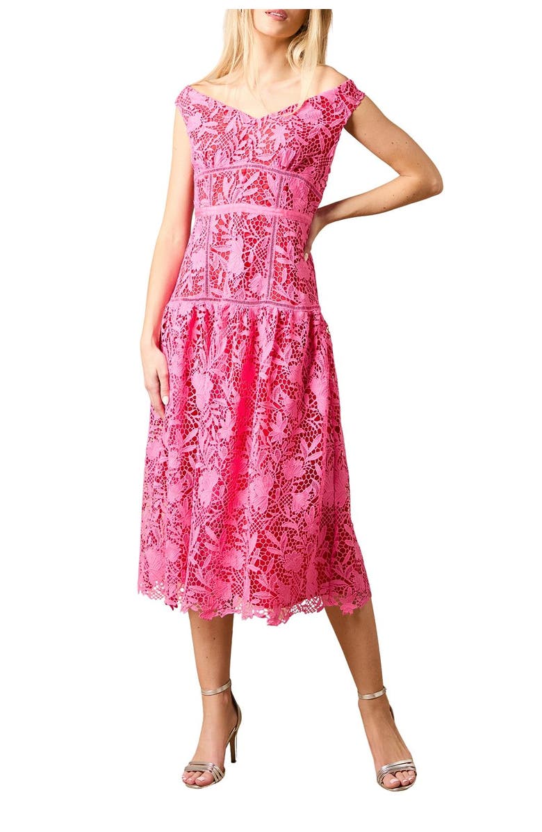Oasis Floral Lace Off The Shoulder Midi Dress, Alternate, color, Pink