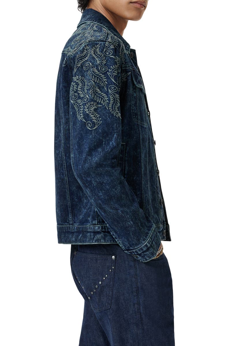 John Varvatos Anthony Embroidered Denim Trucker Jacket, Alternate, color, Blue Smoke