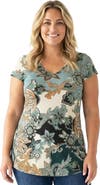 24seven Comfort Apparel Curvy Basic Floral Print V-Neck Short Sleeve Flared Tunic Top