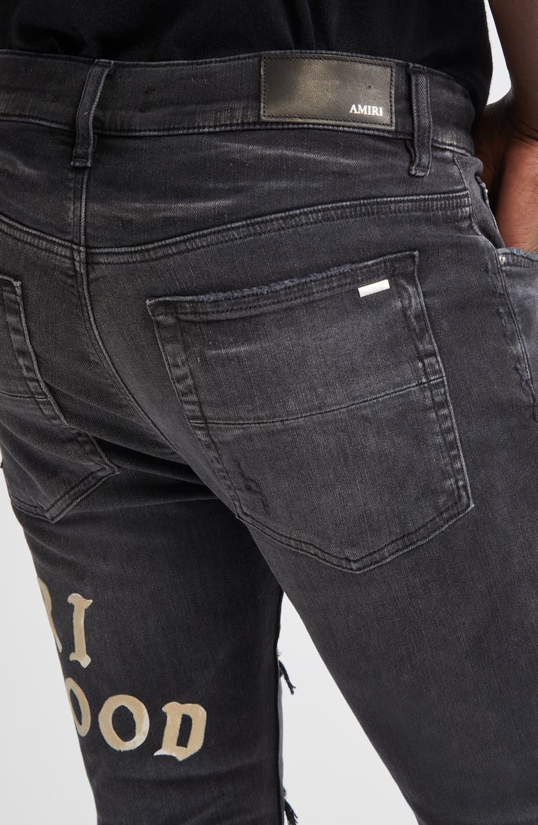 AMIRI Hollywood Appliqué Rip & Repair Slim Fit Jeans, Alternate, color, Faded Black